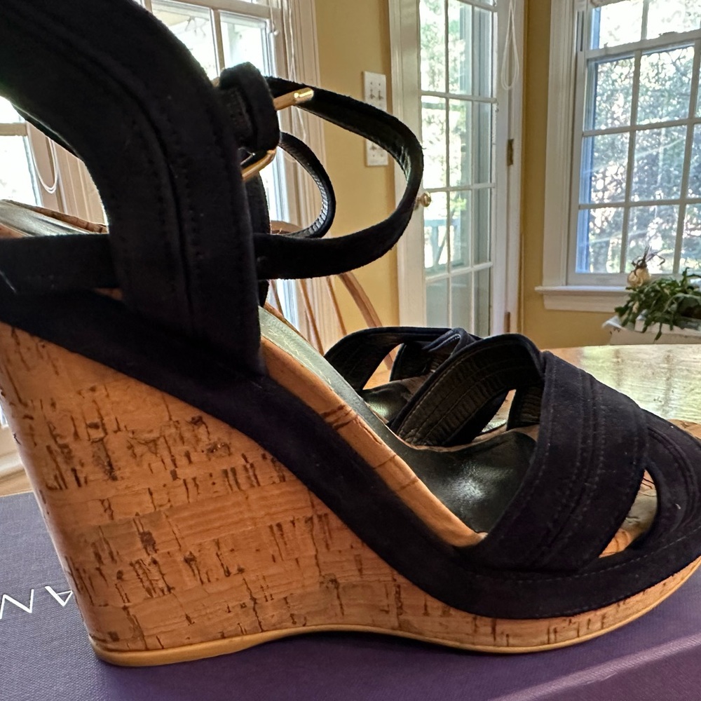 Stuart Weitzman Navy Fabric Cork Platform Wedge Sandals - Picture 6 of 10